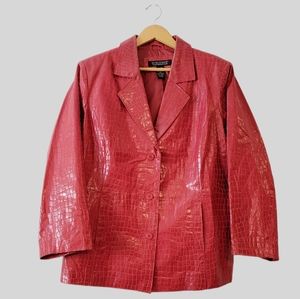 Vintage Red Faded Croc Embossed Leather Y2K 90s Snakeskin Oversized Blazer Coat
